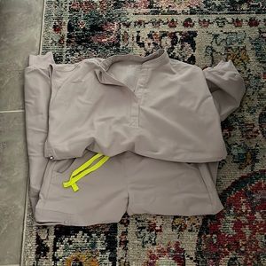 Figs slate gray scrub set in XS Rafaela top and XS petite joggers